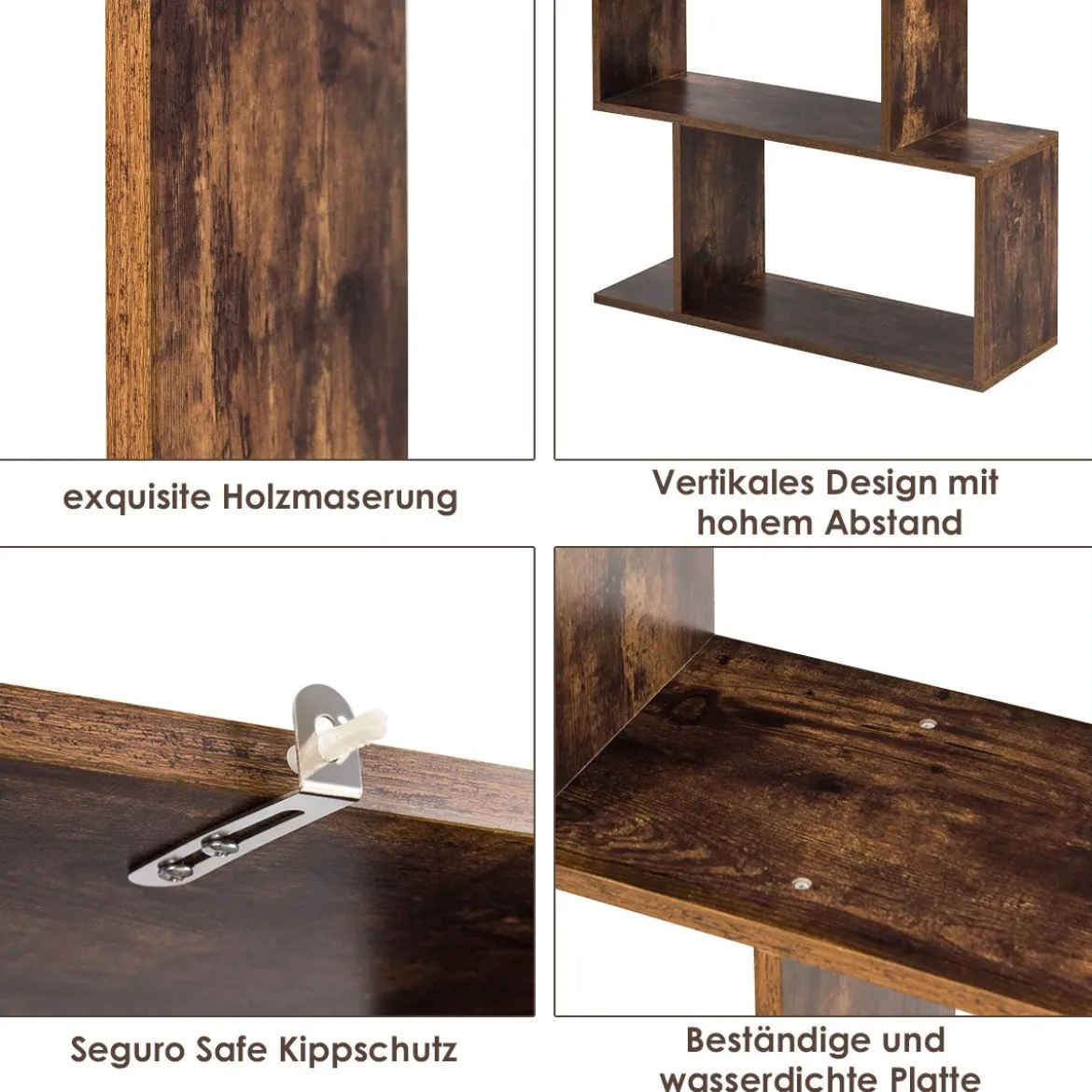 S-förmiges Bücherregal Holz Bücherschrank 5 Ebenen Standregal Vintage 70 x 24 x 158 cm Braun