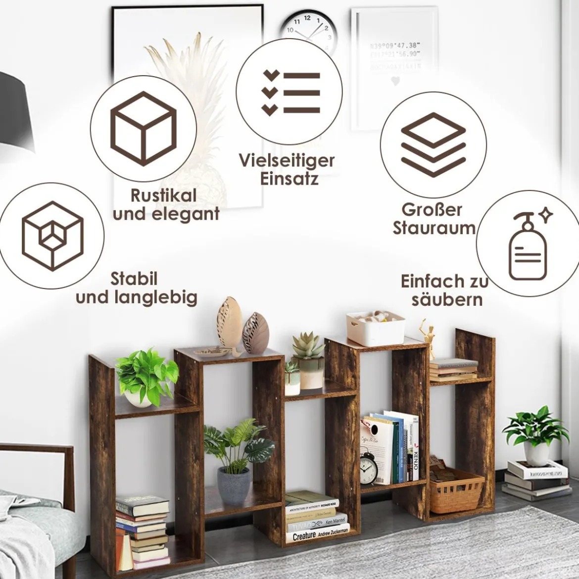S-förmiges Bücherregal Holz Bücherschrank 5 Ebenen Standregal Vintage 70 x 24 x 158 cm Braun