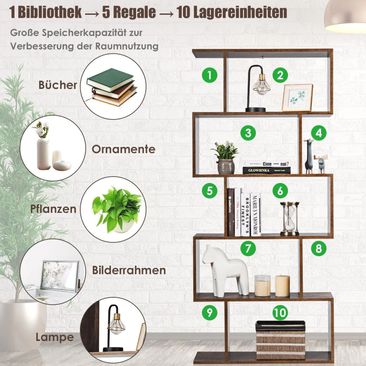 S-förmiges Bücherregal Holz Bücherschrank 5 Ebenen Standregal Vintage 70 x 24 x 158 cm Braun