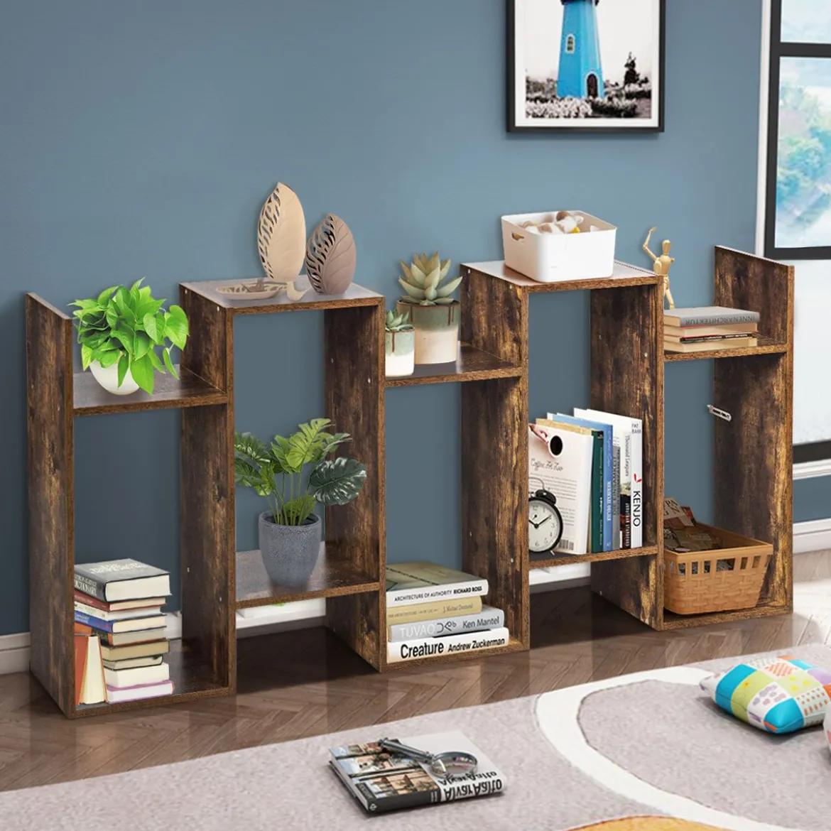 S-förmiges Bücherregal Holz Bücherschrank 5 Ebenen Standregal Vintage 70 x 24 x 158 cm Braun