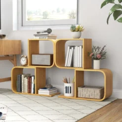 S-förmiges Bücherregal mit 2 Offenen Würfeln Geometrisches Eckregal Bambusregal