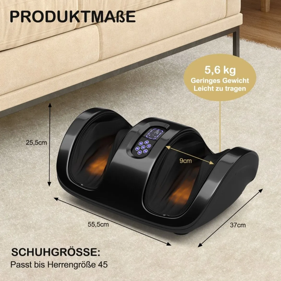 Shiatsu Fußmassagegerät mit Rollen& Kneten für Fuß Bein Wade 55,5 x 37 x 25,5 cm Schwarz
