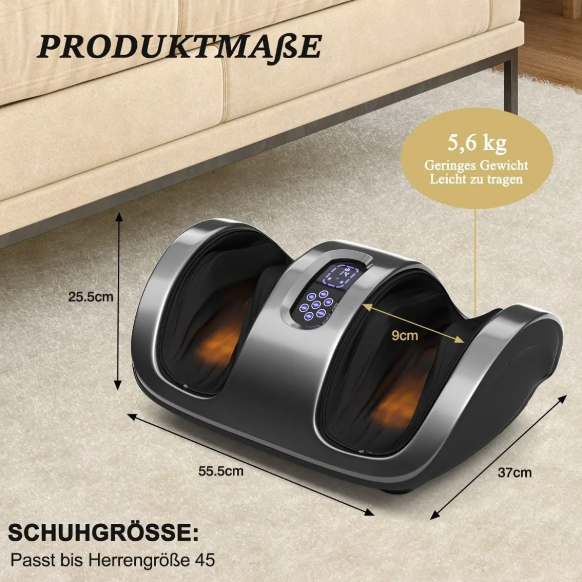 Shiatsu Fußmassagegerät mit Rollen Kneten und Heizung 55,5 x 37 x 25,5 cm Grau