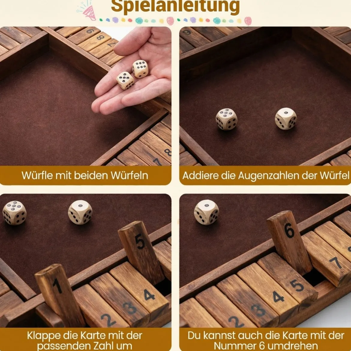 Shut The Box Spiel für 2-4 Spieler Würfelspiel mit 2 Würfel & Robustem Kiefernholz Klappenspiel Braun