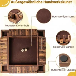 Shut The Box Spiel für 2-4 Spieler Würfelspiel mit 2 Würfel & Robustem Kiefernholz Klappenspiel Braun