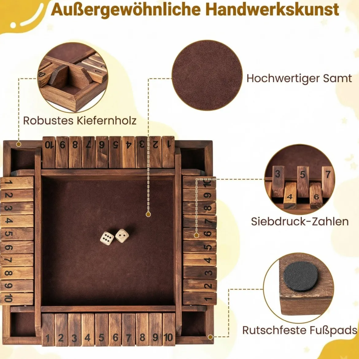 Shut The Box Spiel für 2-4 Spieler Würfelspiel mit 2 Würfel & Robustem Kiefernholz Klappenspiel Braun