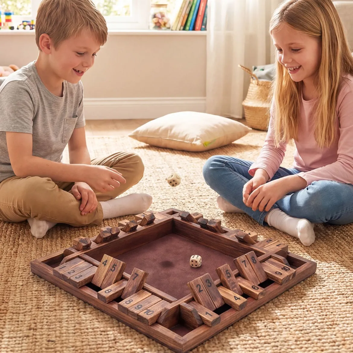 Shut The Box Spiel für 2-4 Spieler Würfelspiel mit 2 Würfel & Robustem Kiefernholz Klappenspiel Braun