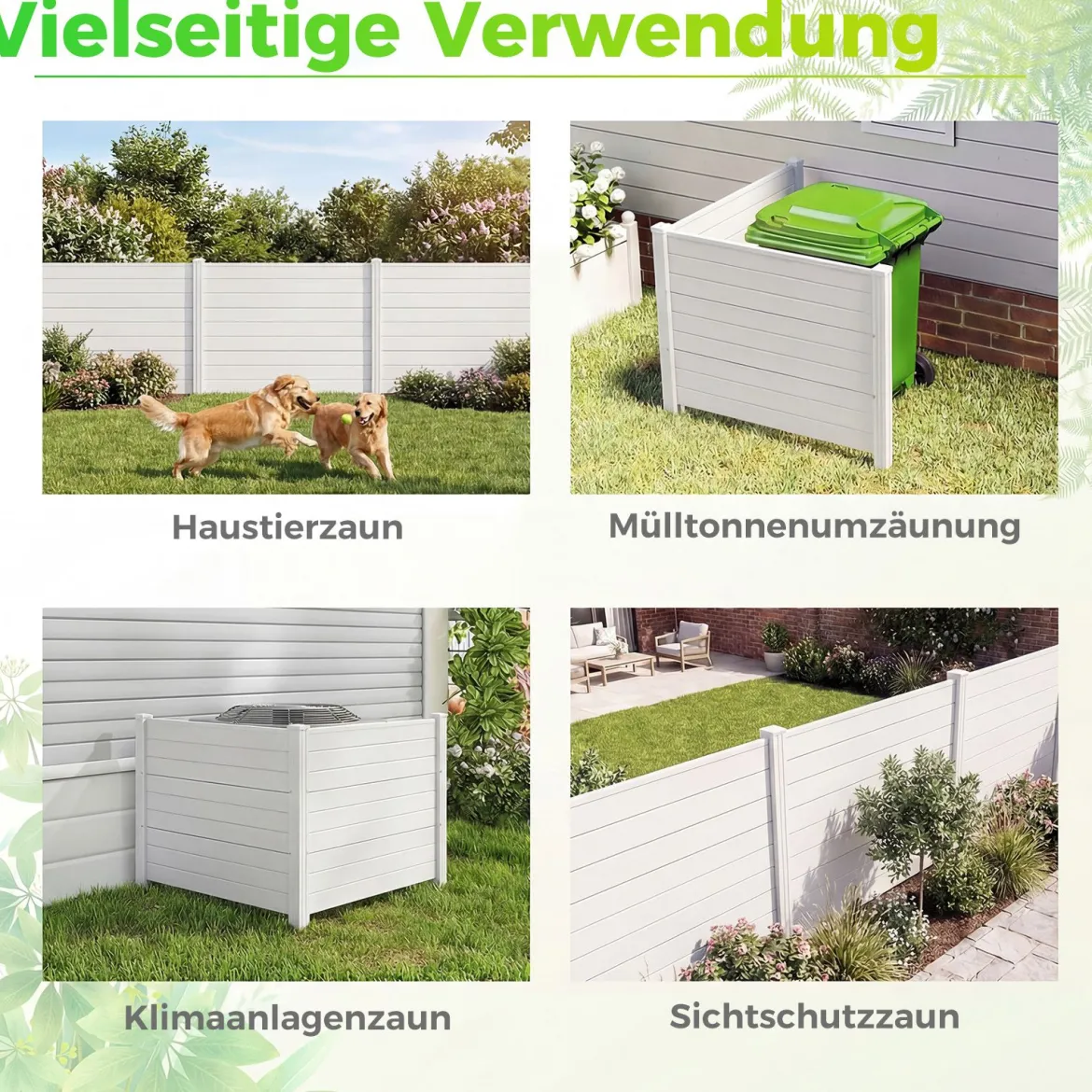 Sichtschutzzaun Gartenzaun mit 2 Paneelen wetterfester Lamellenzaun mit 3 Pfählen Weiß