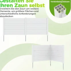 Sichtschutzzaun Gartenzaun mit 2 Paneelen wetterfester Lamellenzaun mit 3 Pfählen Weiß