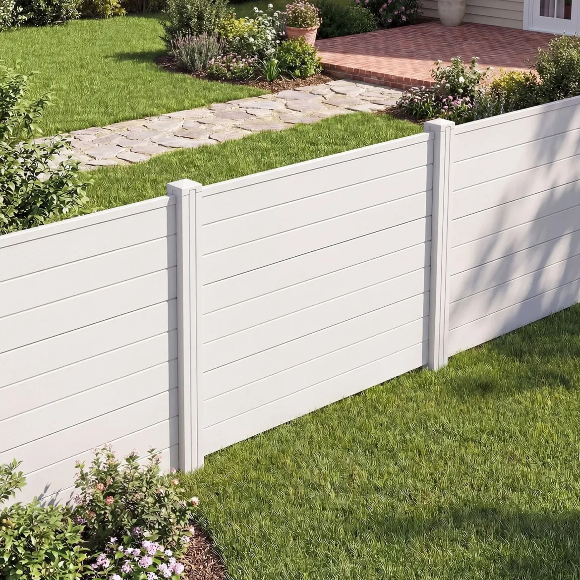Sichtschutzzaun Gartenzaun mit 2 Paneelen wetterfester Lamellenzaun mit 3 Pfählen Weiß