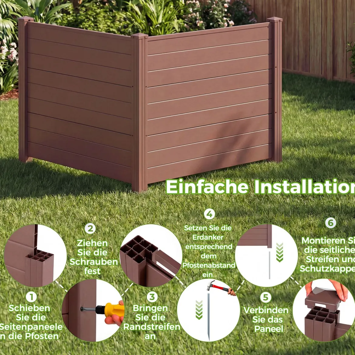 Sichtschutzzaun Gartenzaun mit 2 Paneelen wetterfester Lamellenzaun mit 3 Pfählen Braun