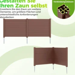 Sichtschutzzaun Gartenzaun mit 2 Paneelen wetterfester Lamellenzaun mit 3 Pfählen Braun