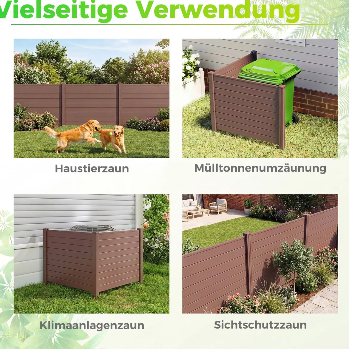 Sichtschutzzaun Gartenzaun mit 2 Paneelen wetterfester Lamellenzaun mit 3 Pfählen Braun