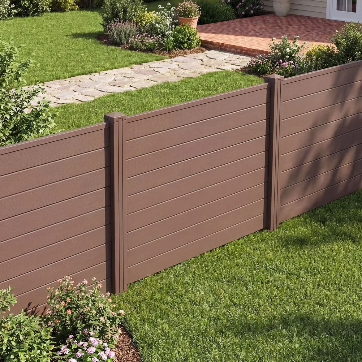 Sichtschutzzaun Gartenzaun mit 2 Paneelen wetterfester Lamellenzaun mit 3 Pfählen Braun