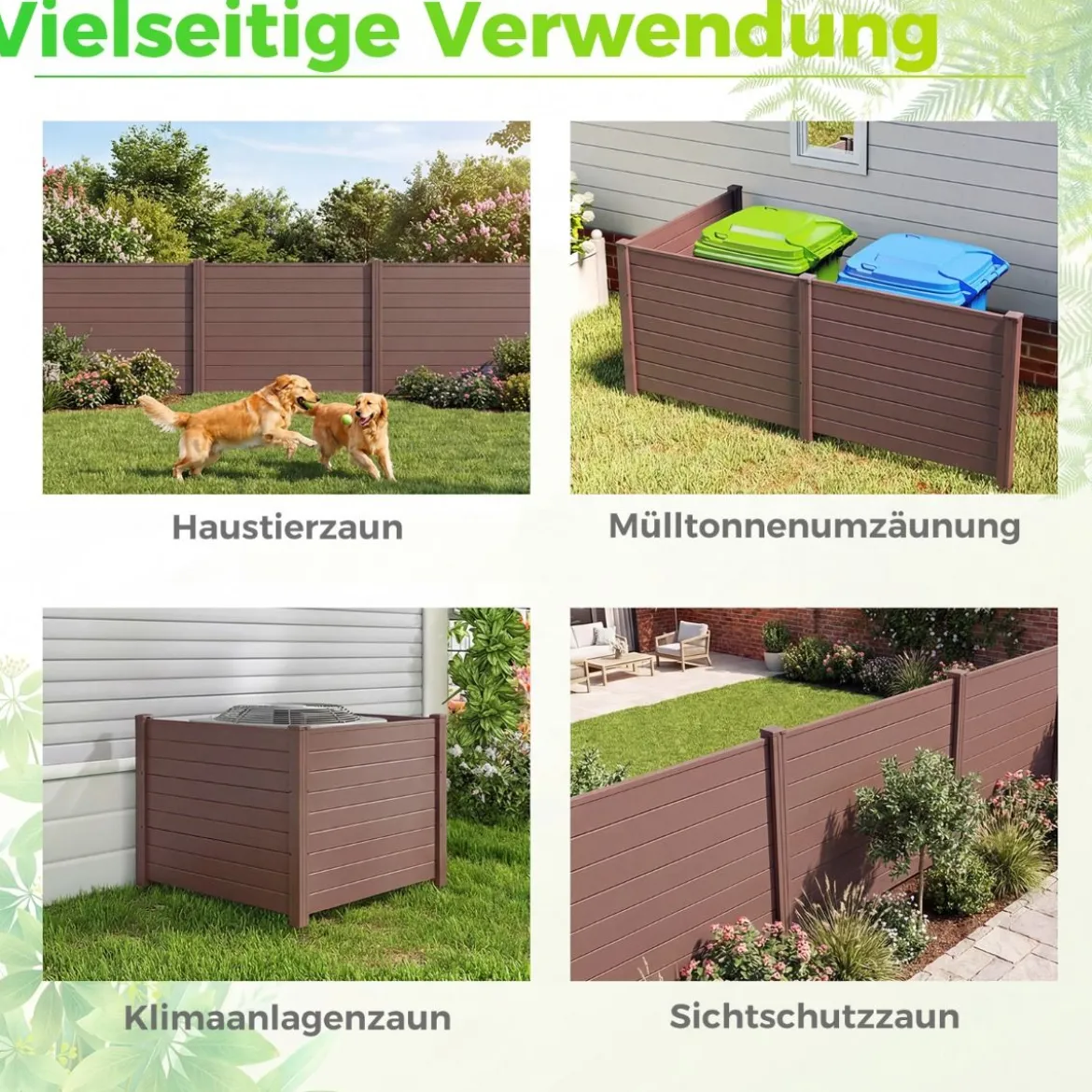 Sichtschutzzaun Gartenzaun mit 3 Paneelen wetterfester Lamellenzaun mit 4 Pfählen Braun