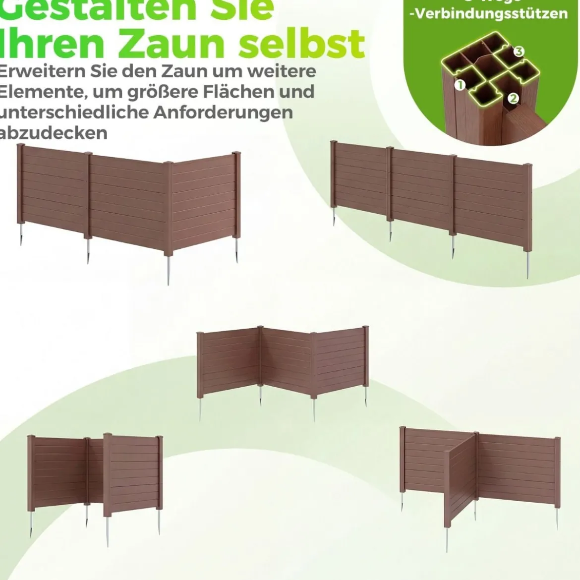 Sichtschutzzaun Gartenzaun mit 3 Paneelen wetterfester Lamellenzaun mit 4 Pfählen Braun