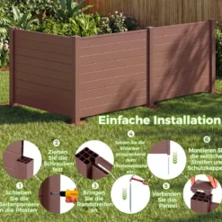 Sichtschutzzaun Gartenzaun mit 3 Paneelen wetterfester Lamellenzaun mit 4 Pfählen Braun