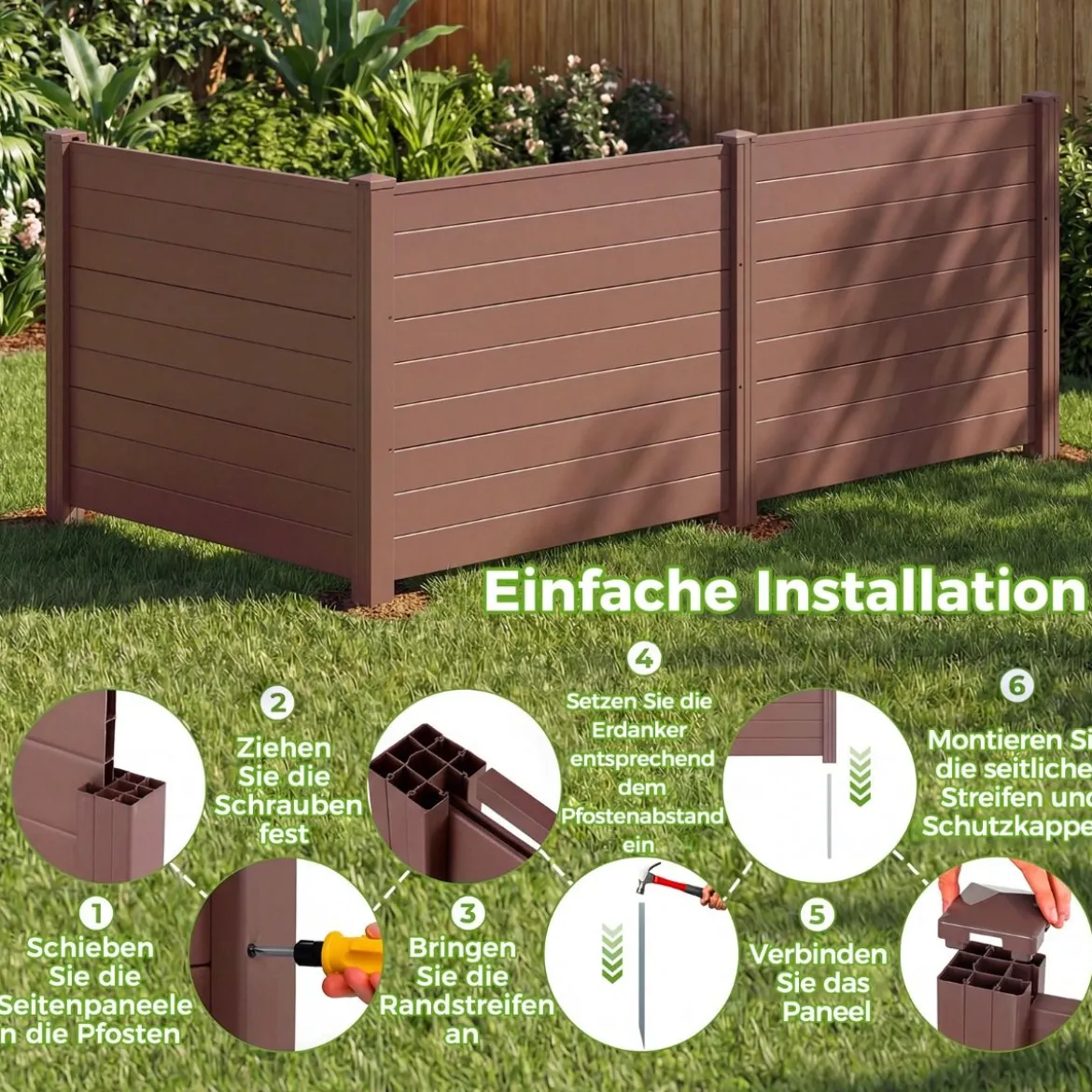 Sichtschutzzaun Gartenzaun mit 3 Paneelen wetterfester Lamellenzaun mit 4 Pfählen Braun