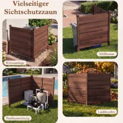 Sichtschutzzaun 2 Teilig 119 x 119 cm Gartenzaun aus Tannenholz Outdoor Holzzaun mit 3 Pfählen Braun