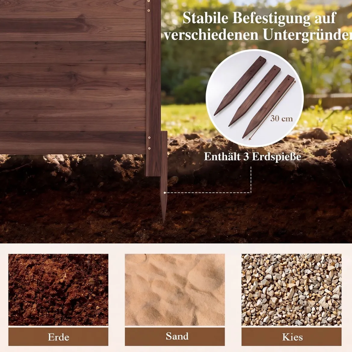 Sichtschutzzaun 2 Teilig 119 x 119 cm Gartenzaun aus Tannenholz Outdoor Holzzaun mit 3 Pfählen Braun