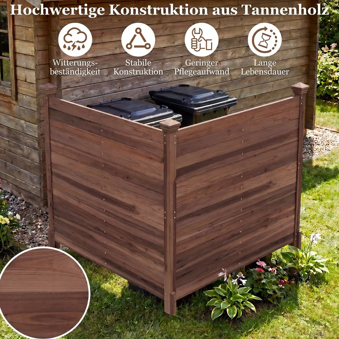 Sichtschutzzaun 2 Teilig 119 x 119 cm Gartenzaun aus Tannenholz Outdoor Holzzaun mit 3 Pfählen Braun