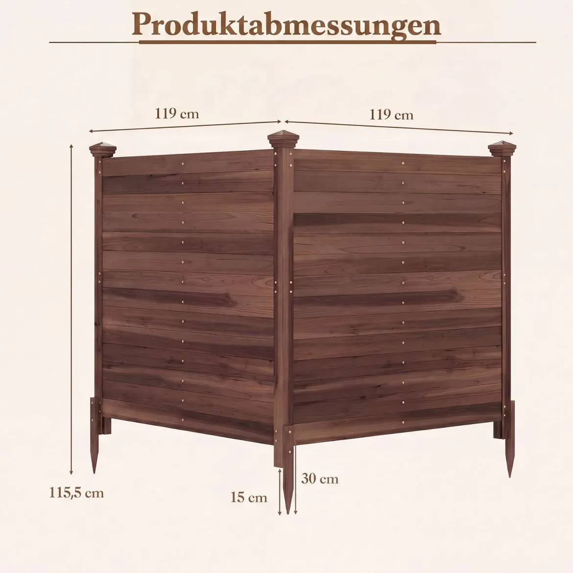 Sichtschutzzaun 2 Teilig 119 x 119 cm Gartenzaun aus Tannenholz Outdoor Holzzaun mit 3 Pfählen Braun