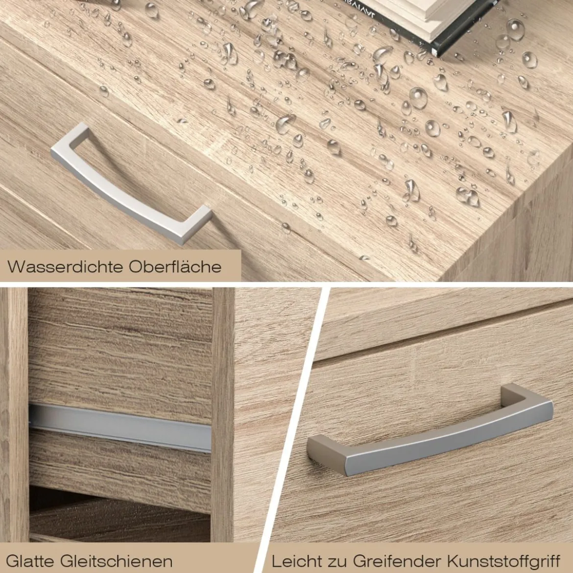 Sideboard aus Holz mit 4 Schubladen & Metallschienen & Kippsicherung Natur