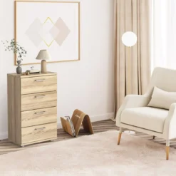 Sideboard aus Holz mit 4 Schubladen & Metallschienen & Kippsicherung Natur