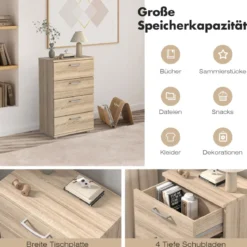 Sideboard aus Holz mit 4 Schubladen & Metallschienen & Kippsicherung Natur