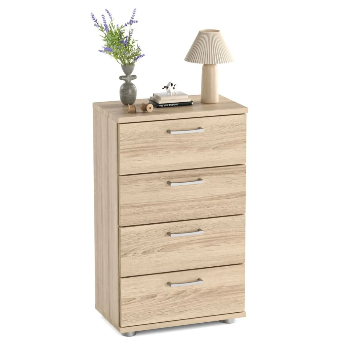 Sideboard aus Holz mit 4 Schubladen & Metallschienen & Kippsicherung Natur