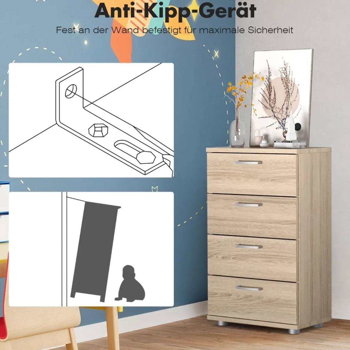 Sideboard aus Holz mit 4 Schubladen & Metallschienen & Kippsicherung Natur