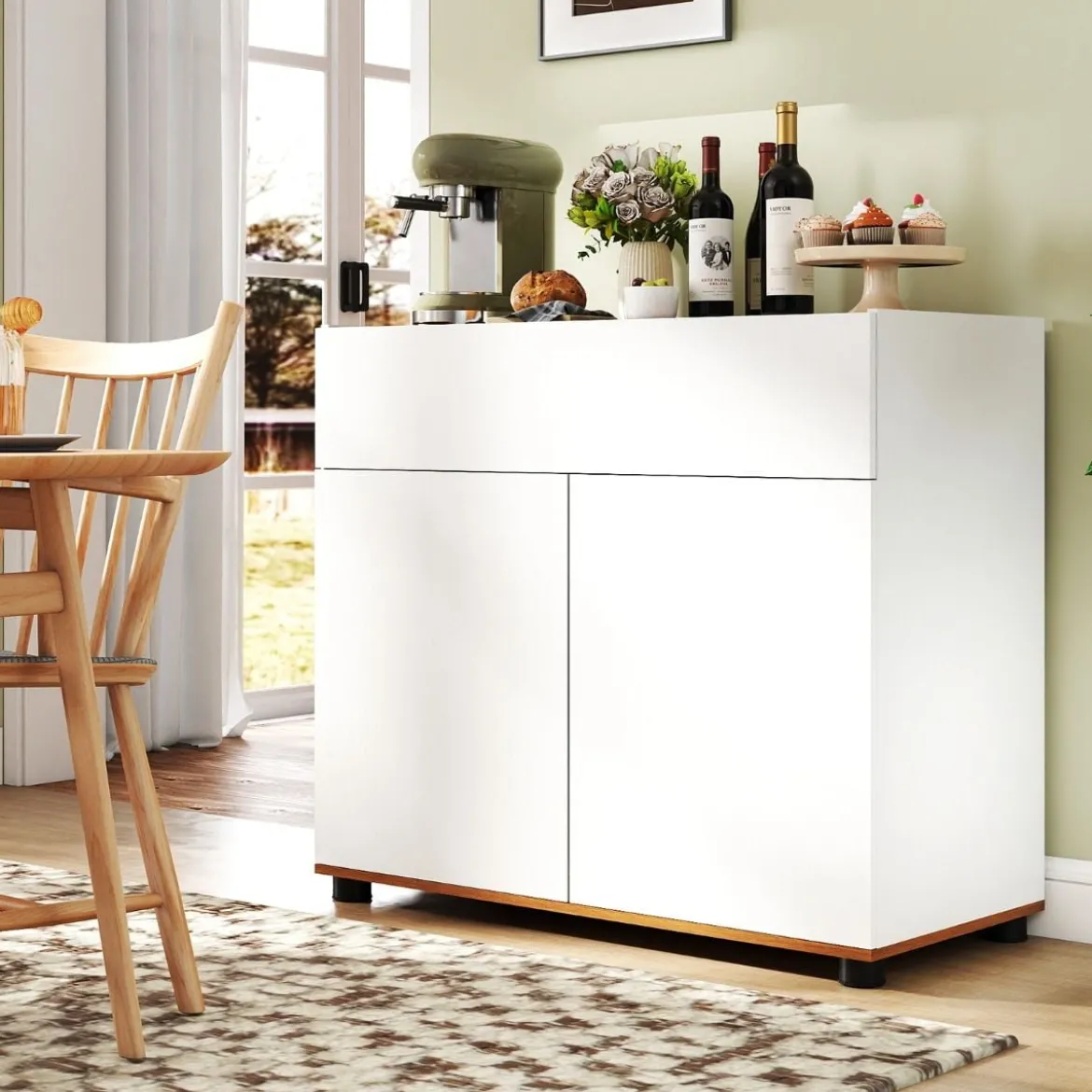Sideboard Buffet-Schrank mit Stauraum Holz-Kaffeebar-Stationstisch mit 1 Schublade & 2 Türen Weiß