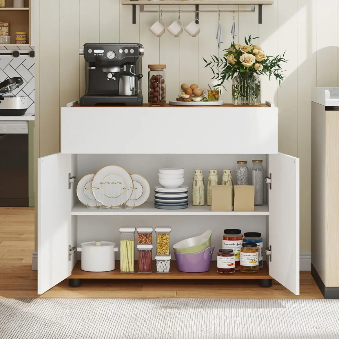 Sideboard Buffet-Schrank mit Stauraum Holz-Kaffeebar-Stationstisch mit 1 Schublade & 2 Türen Weiß