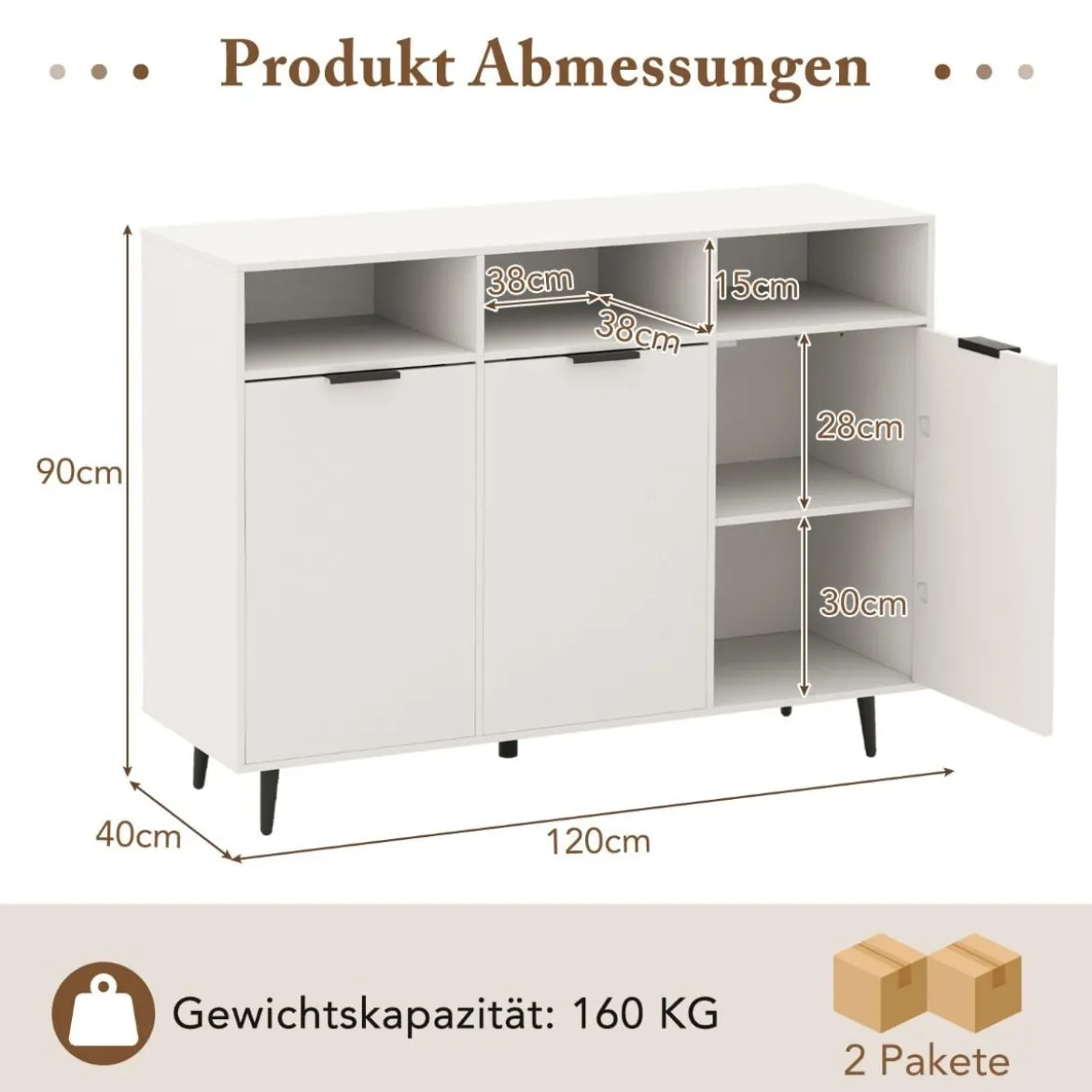 Sideboard Holz Küchenschrank mit 5-Fach verstellbaren Regalen 120 x 40 x 90 cm Weiß