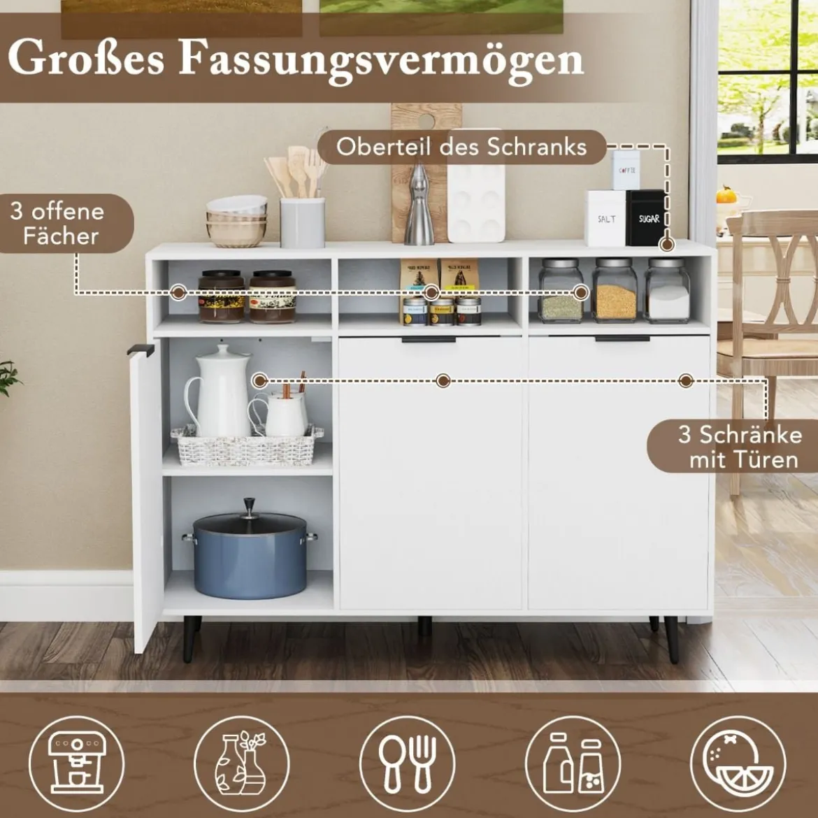 Sideboard Holz Küchenschrank mit 5-Fach verstellbaren Regalen 120 x 40 x 90 cm Weiß