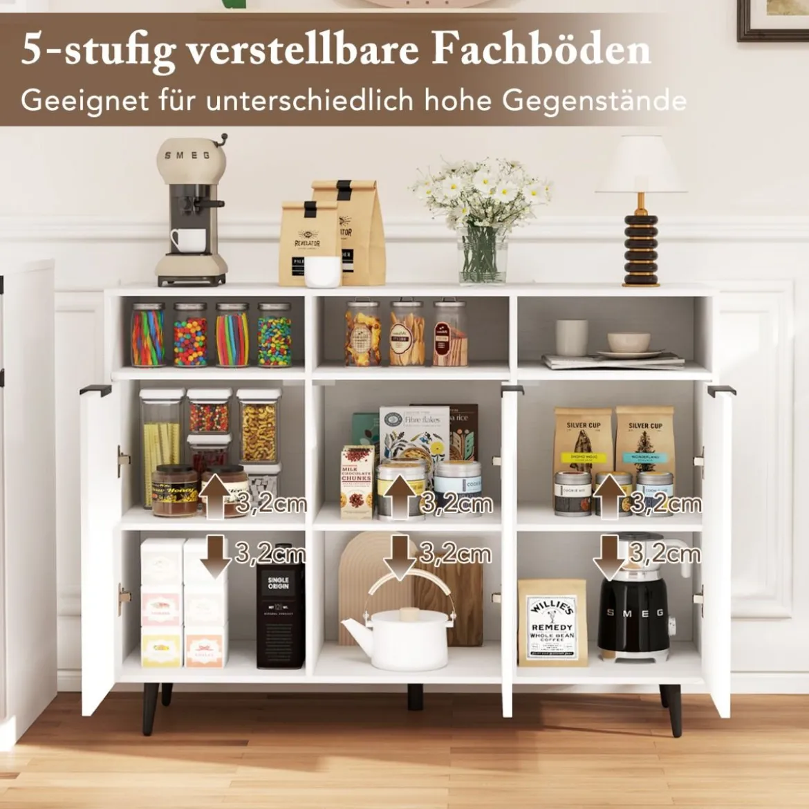 Sideboard Holz Küchenschrank mit 5-Fach verstellbaren Regalen 120 x 40 x 90 cm Weiß