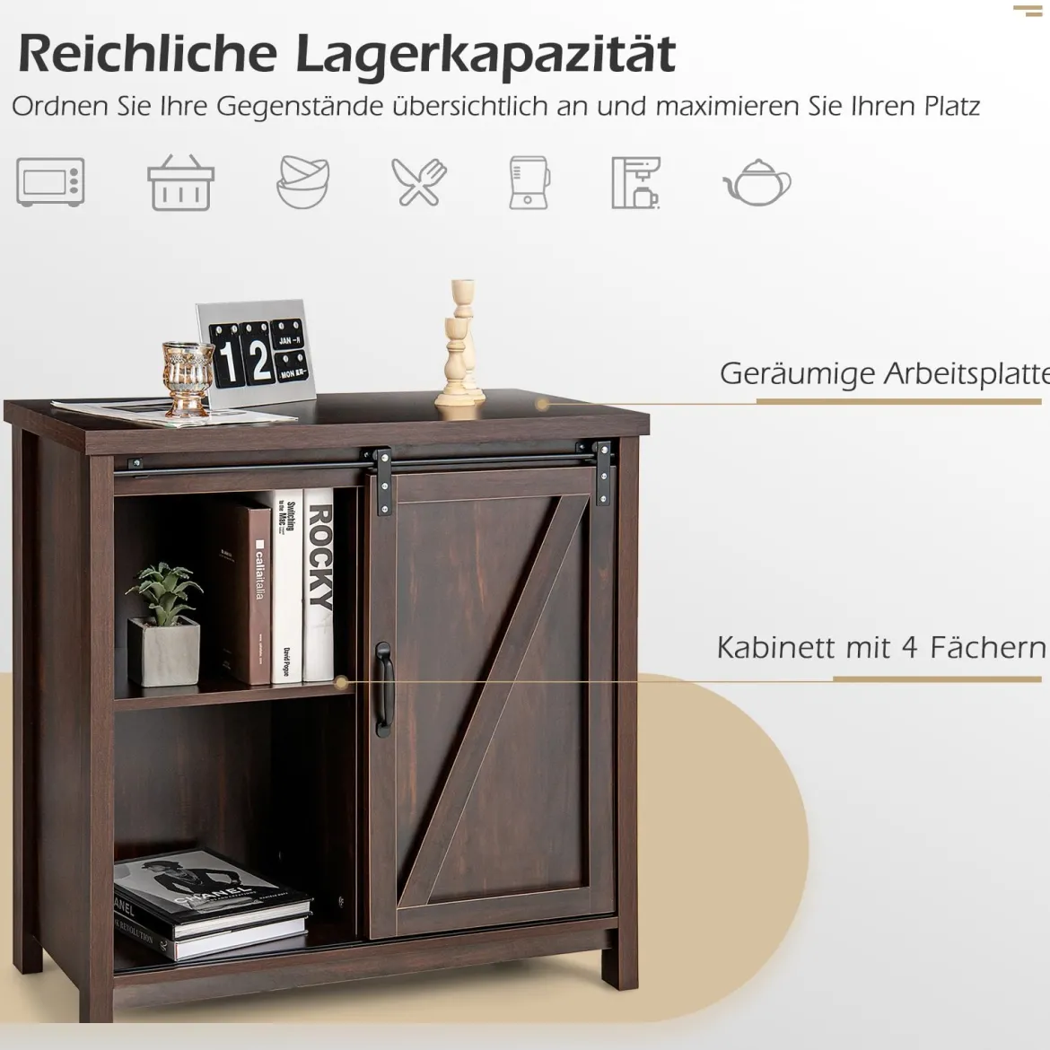 Sideboard Holz Küchenschrank mit Schiebetüren & 4 Fächern Beistellschrank freistehend für Küche 80 x 40 x 82cm Braun