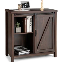 Sideboard Holz Küchenschrank mit Schiebetüren & 4 Fächern Beistellschrank freistehend für Küche 80 x 40 x 82cm Braun