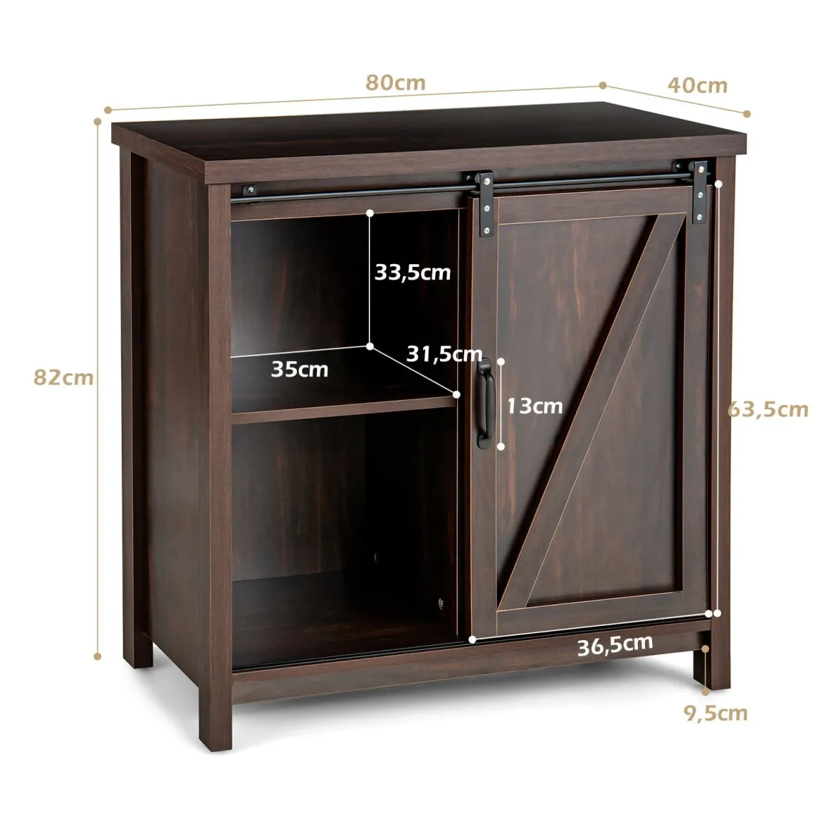 Sideboard Holz Küchenschrank mit Schiebetüren & 4 Fächern Beistellschrank freistehend für Küche 80 x 40 x 82cm Braun