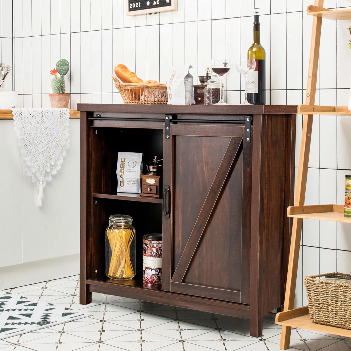 Sideboard Holz Küchenschrank mit Schiebetüren & 4 Fächern Beistellschrank freistehend für Küche 80 x 40 x 82cm Braun
