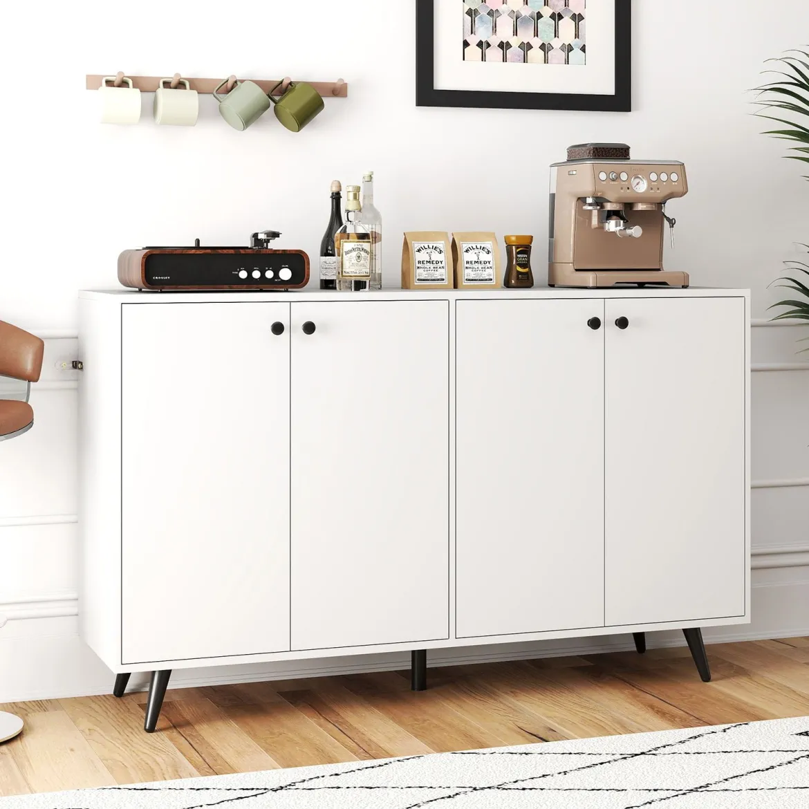 Sideboard Holz Kommode mit 4 Türen & 5-fach verstellbare Ablagen 127,5 x 38 x 80 cm Weiß