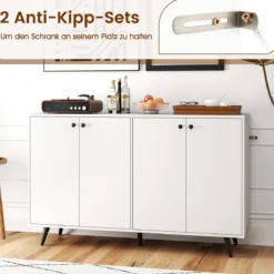 Sideboard Holz Kommode mit 4 Türen & 5-fach verstellbare Ablagen 127,5 x 38 x 80 cm Weiß