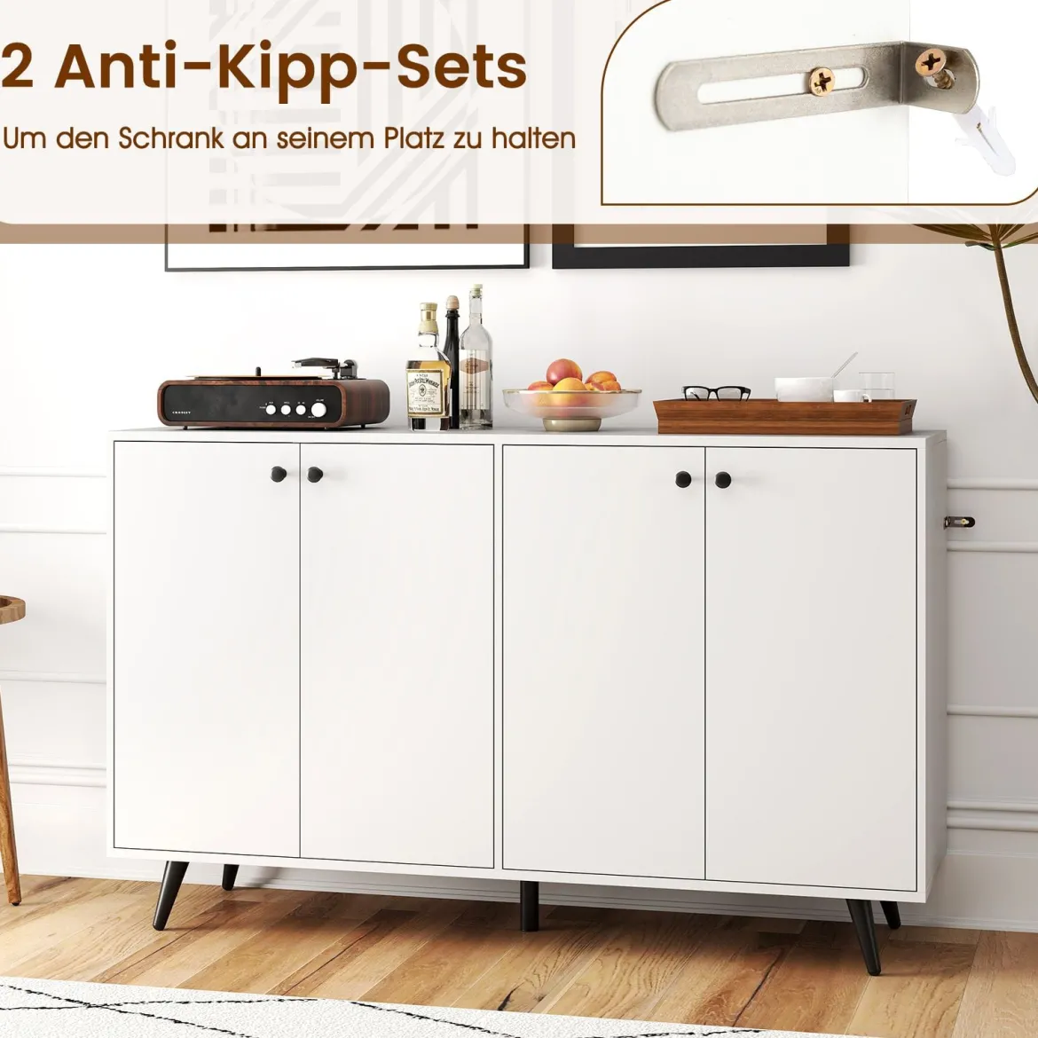 Sideboard Holz Kommode mit 4 Türen & 5-fach verstellbare Ablagen 127,5 x 38 x 80 cm Weiß