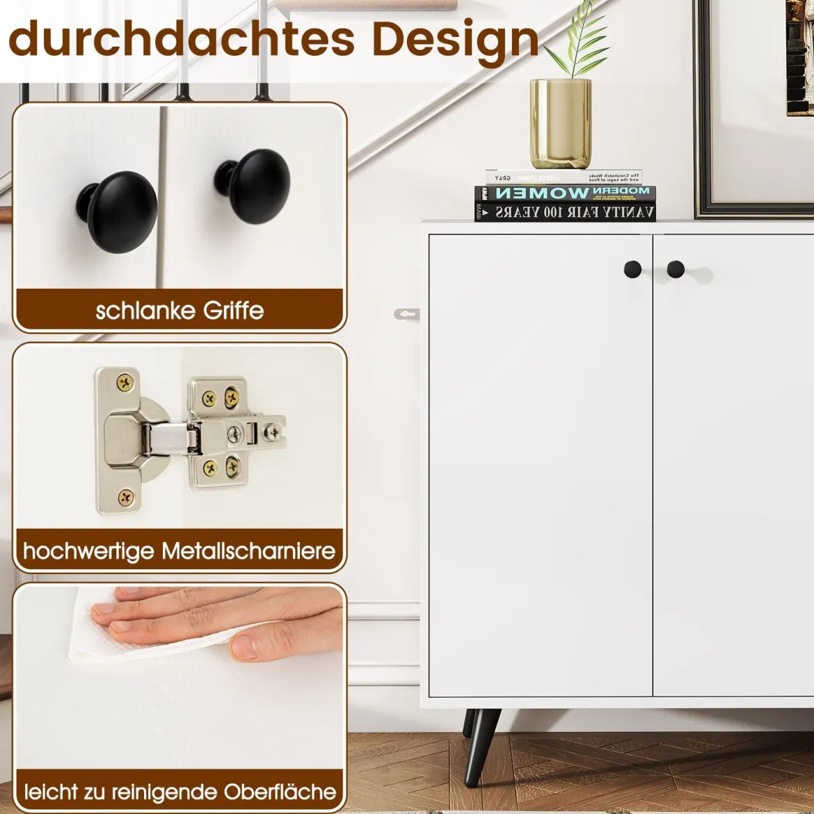Sideboard Holz Kommode mit 4 Türen & 5-fach verstellbare Ablagen 127,5 x 38 x 80 cm Weiß