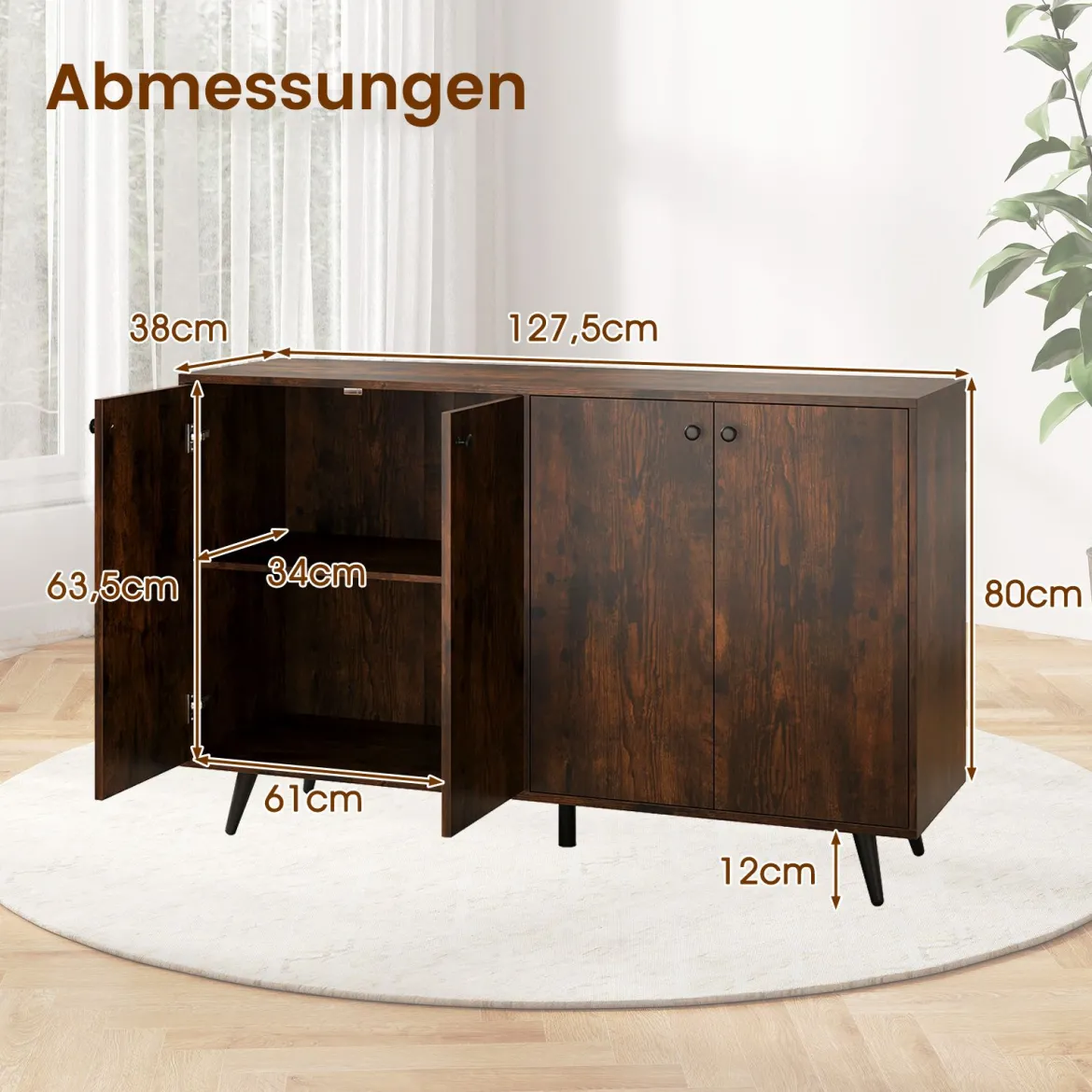 Sideboard Holz Kommode mit 4 Türen & 5-fach verstellbare Ablagen 127,5 x 38 x 80 cm Braun