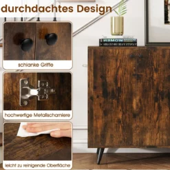 Sideboard Holz Kommode mit 4 Türen & 5-fach verstellbare Ablagen 127,5 x 38 x 80 cm Braun