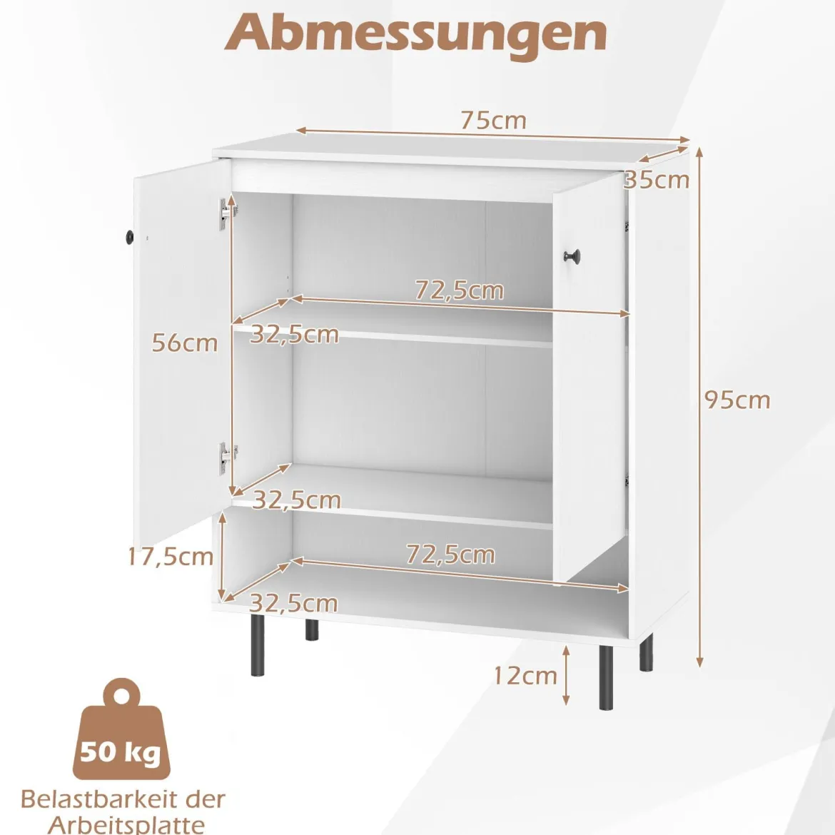 Sideboard Holz Kommode mit verstellbaren Ablagen & 2 Türen Anrichteschrank Buffetschrank Küchenschrank 75 x 35 x 95 cm Weiß