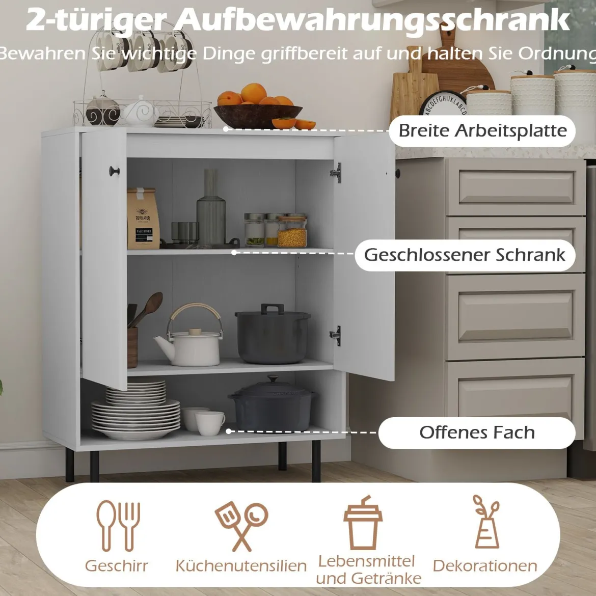 Sideboard Holz Kommode mit verstellbaren Ablagen & 2 Türen Anrichteschrank Buffetschrank Küchenschrank 75 x 35 x 95 cm Weiß