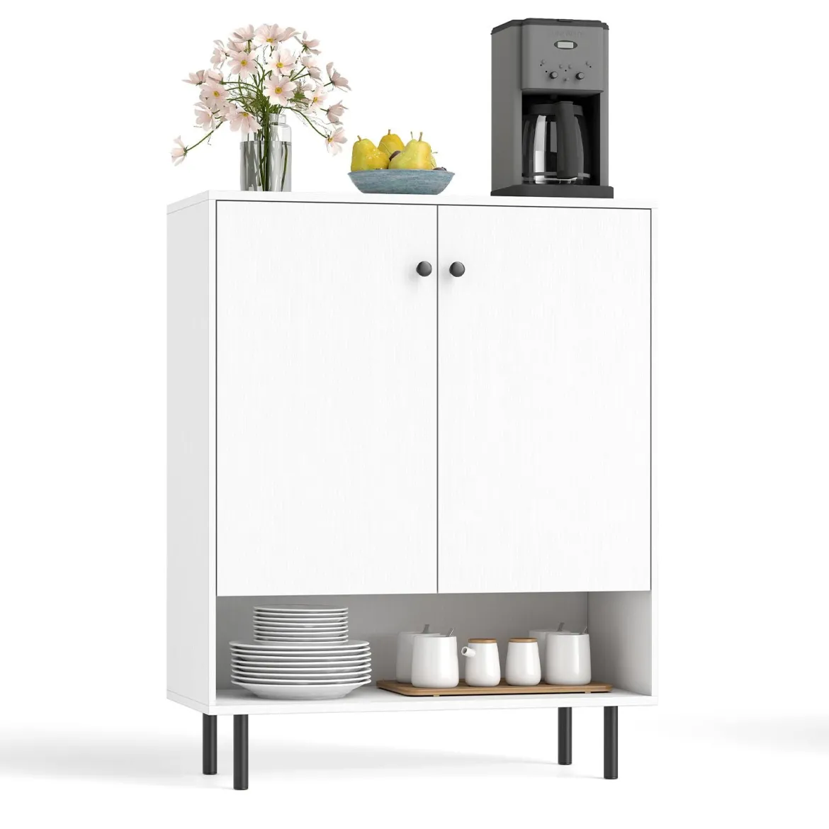 Sideboard Holz Kommode mit verstellbaren Ablagen & 2 Türen Anrichteschrank Buffetschrank Küchenschrank 75 x 35 x 95 cm Weiß
