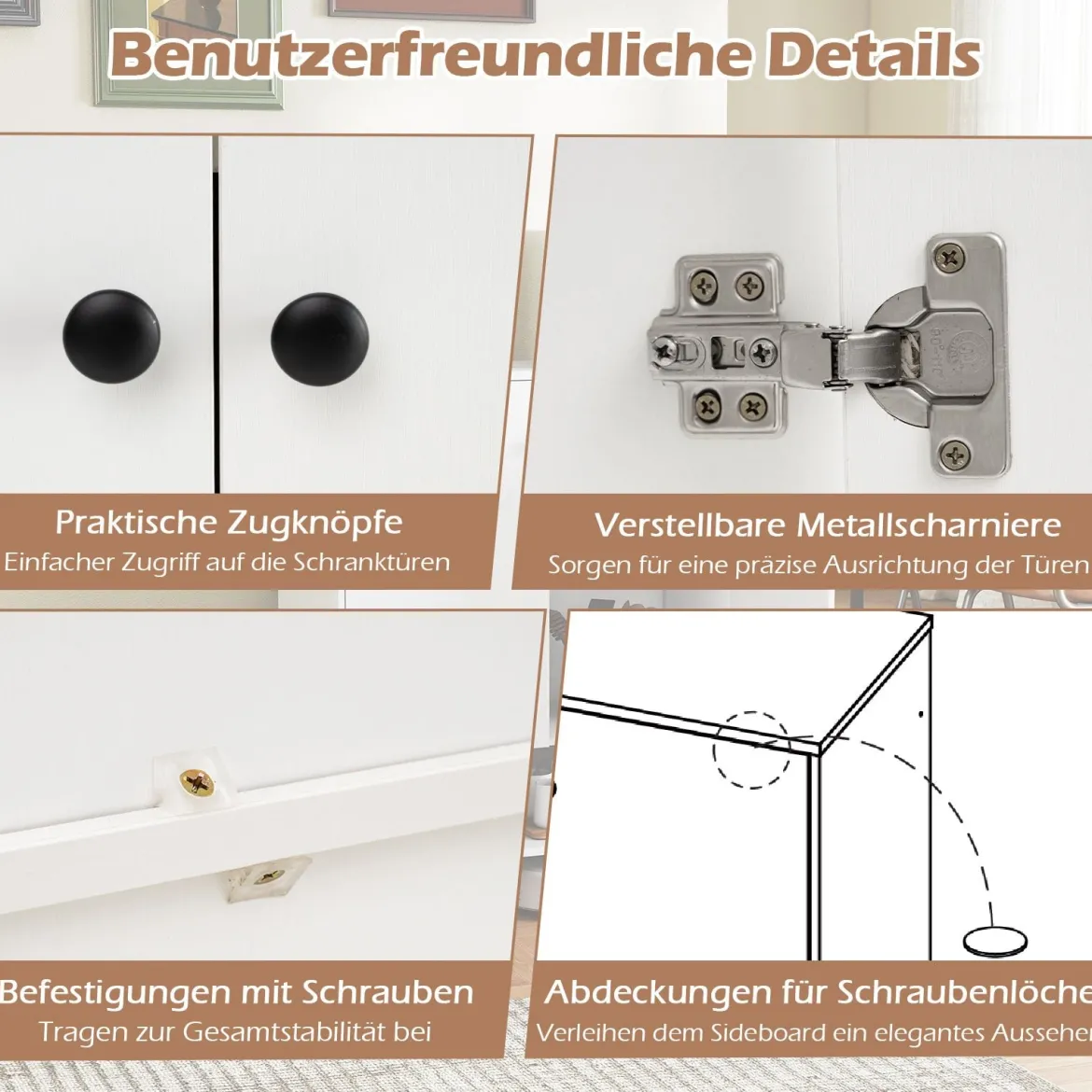 Sideboard Holz Kommode mit verstellbaren Ablagen & 2 Türen Anrichteschrank Buffetschrank Küchenschrank 75 x 35 x 95 cm Weiß